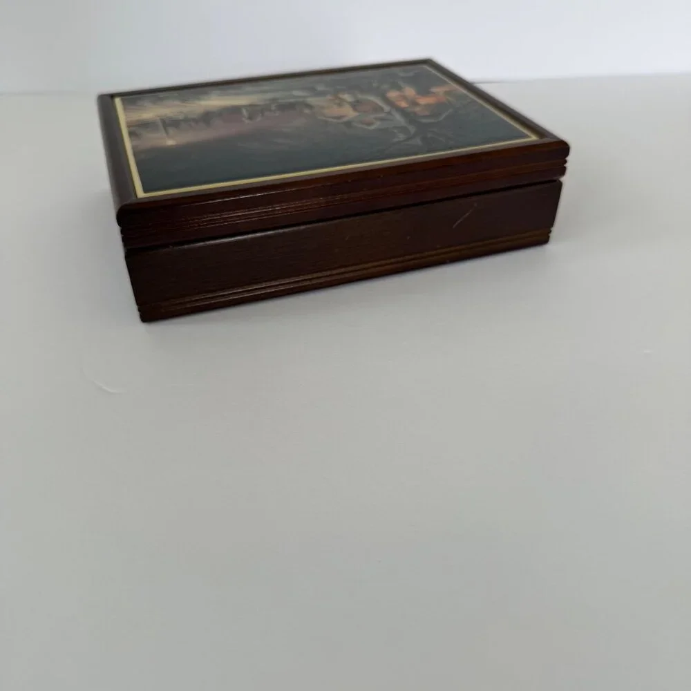 Vintage Galarina Folk Arts Wooden Jewelry Box With Winter Scene Lid & Red Velvet